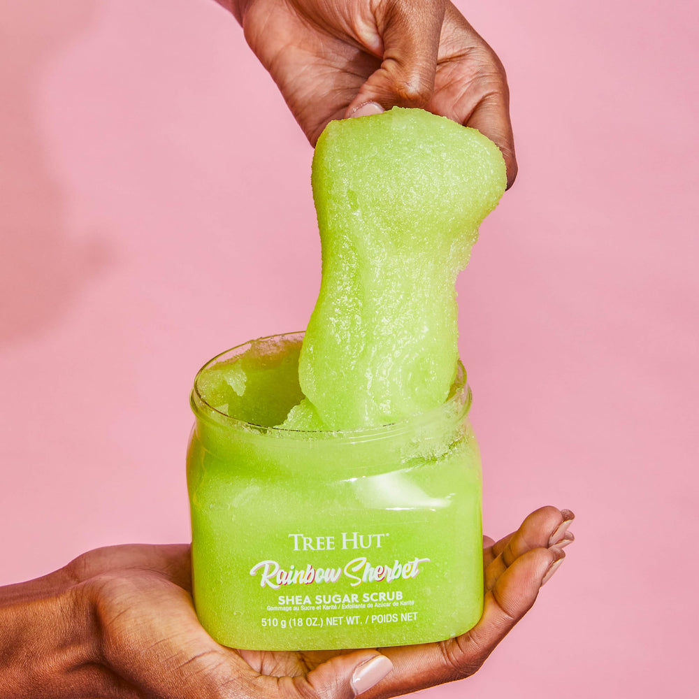 Tree Hut Rainbow Sherbet glow on skin after rinse for hydrated feel.