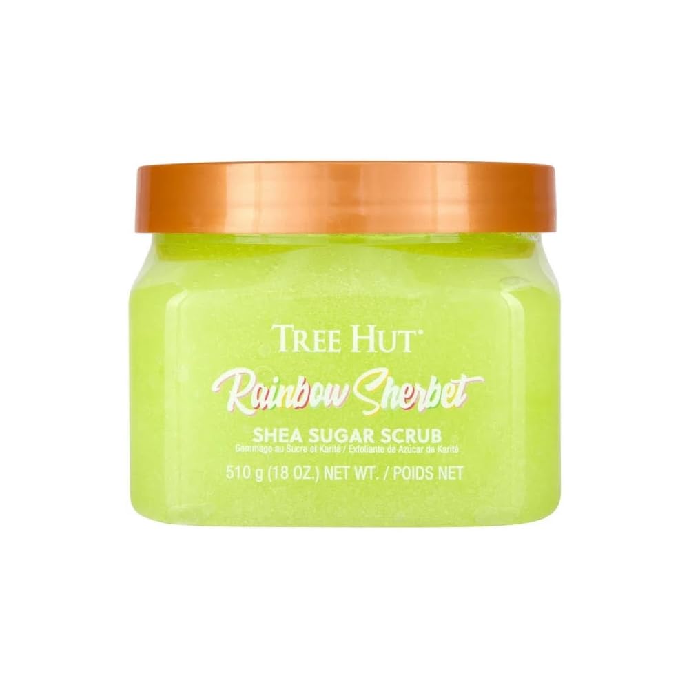 Tree Hut Rainbow Sherbet sugar scrub tub close-up for silky, exfoliated skin.