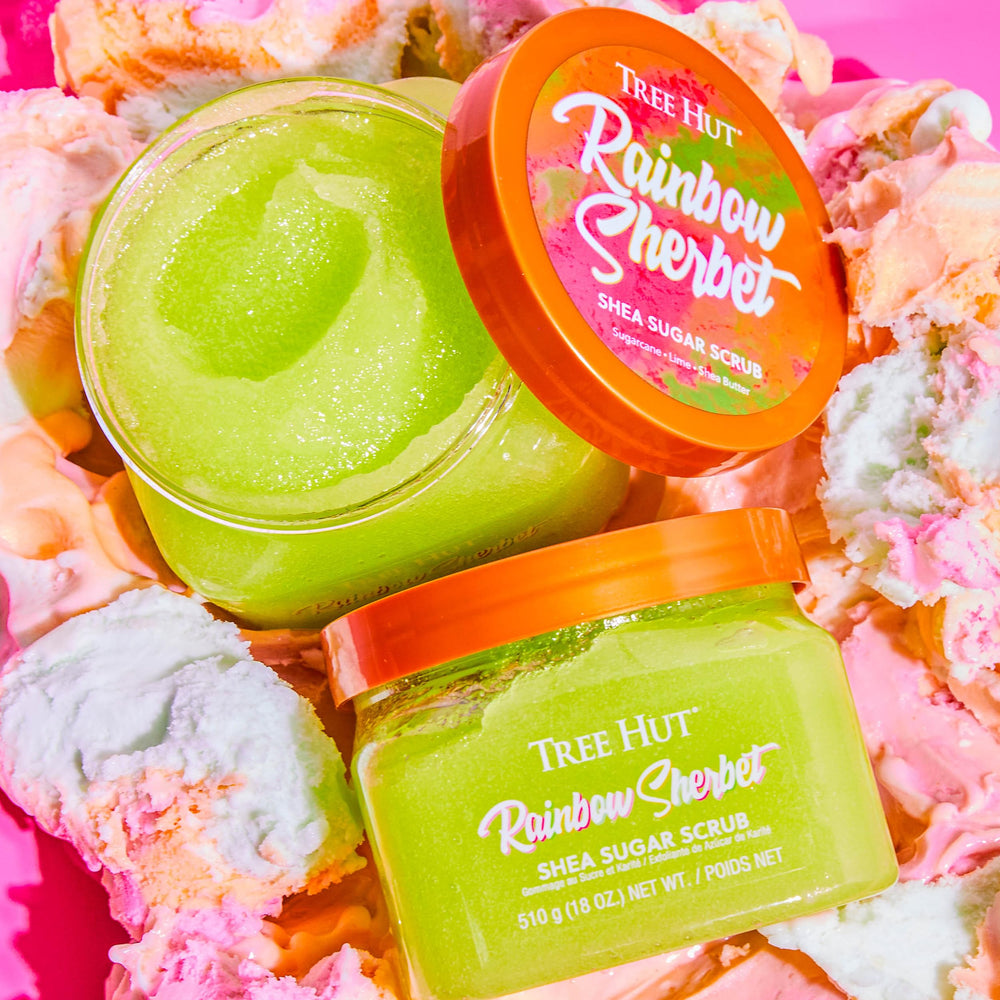Tree Hut Rainbow Sherbet shower routine setup for pampered skin.