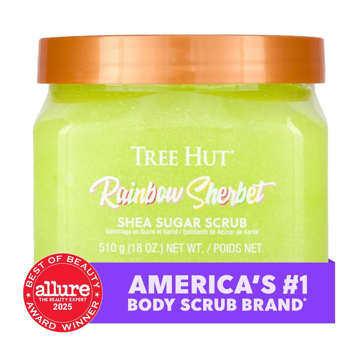 Tree Hut Rainbow Sherbet vegan, paraben-free icons indicating clean ingredients.