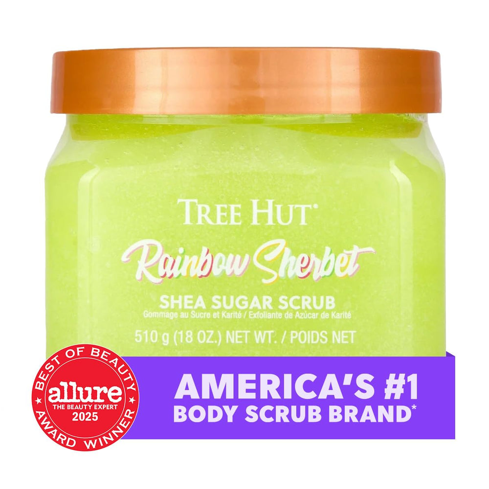 Tree Hut Rainbow Sherbet vegan, paraben-free icons indicating clean ingredients.