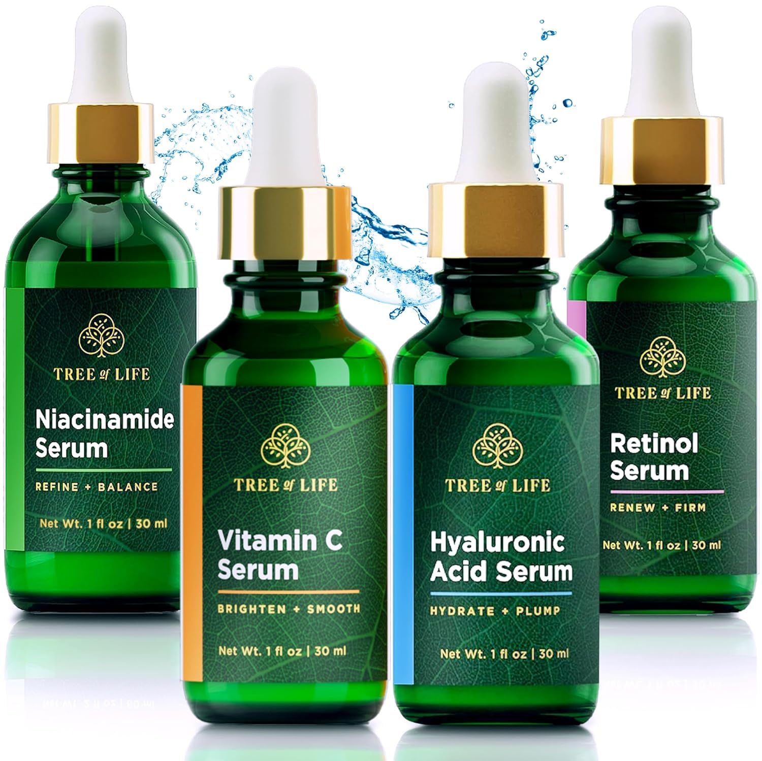 Tree of Life Beauty facial skincare set packaging highlights premium four-serum regimen for everyday skin vitality