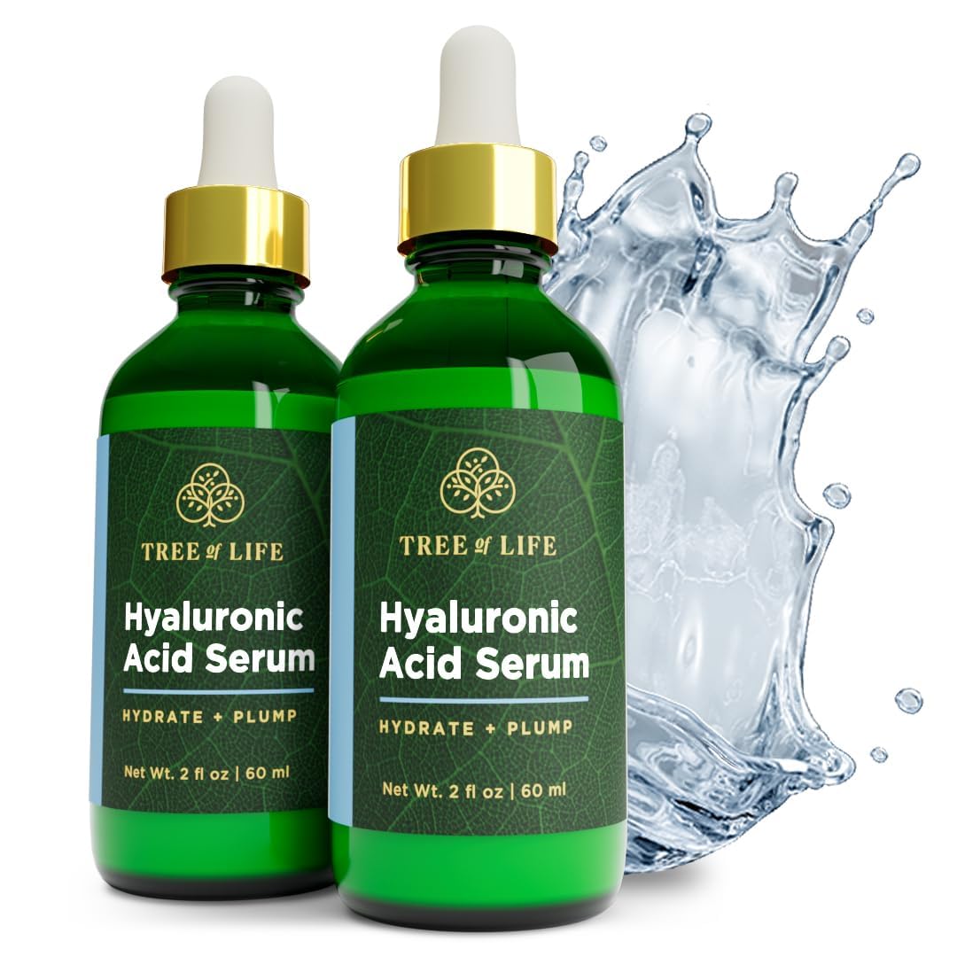 Tree of Life Beauty hyaluronic acid serum bottle delivering deep hydration for soft, plump skin.