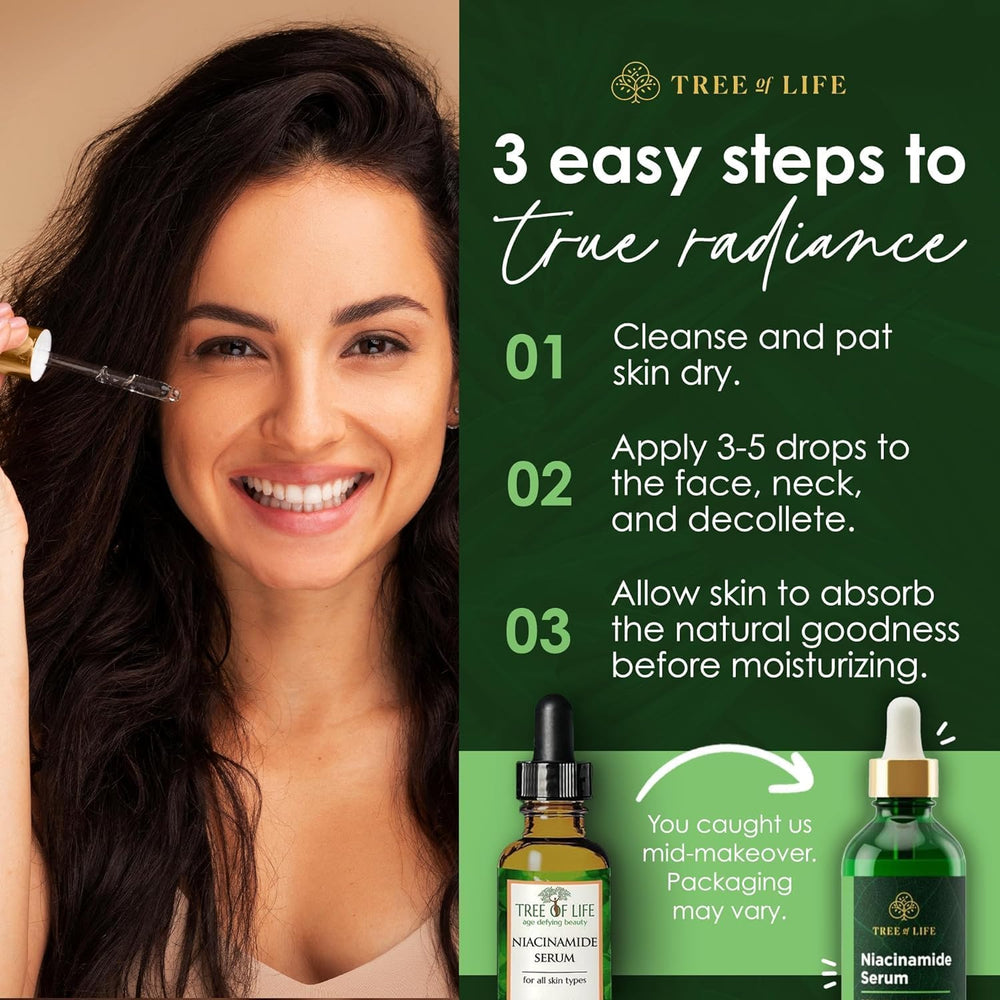 Tree of Life Beauty Niacinamide Serum closeup suggests pore refinement and even tone