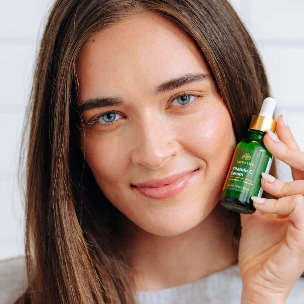 Tree of Life Beauty vitamin C serum drops showcasing brightening effect for even texture