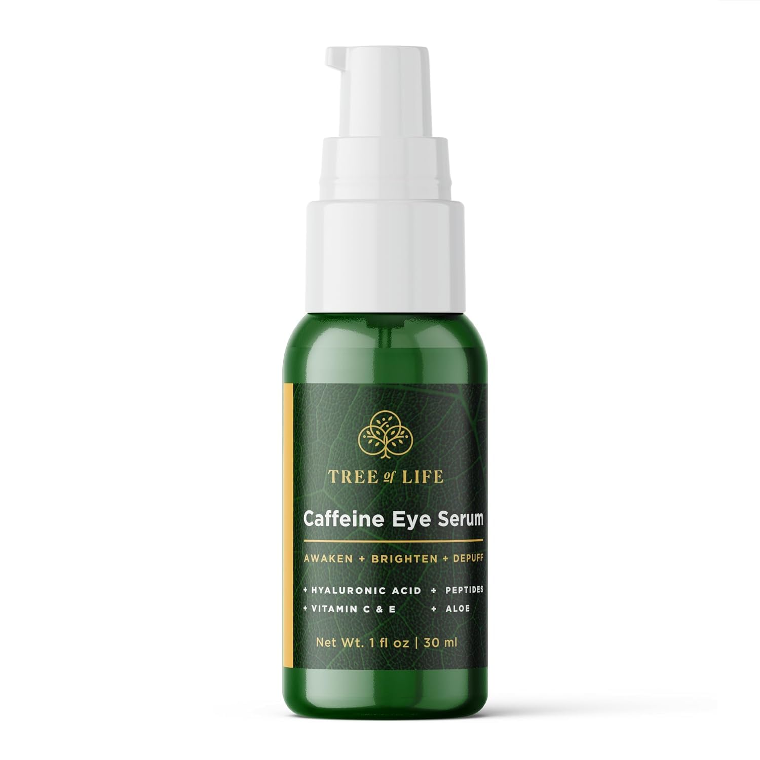 Tree of Life Caffeine Eye Serum bottle close-up showing lightweight hydration