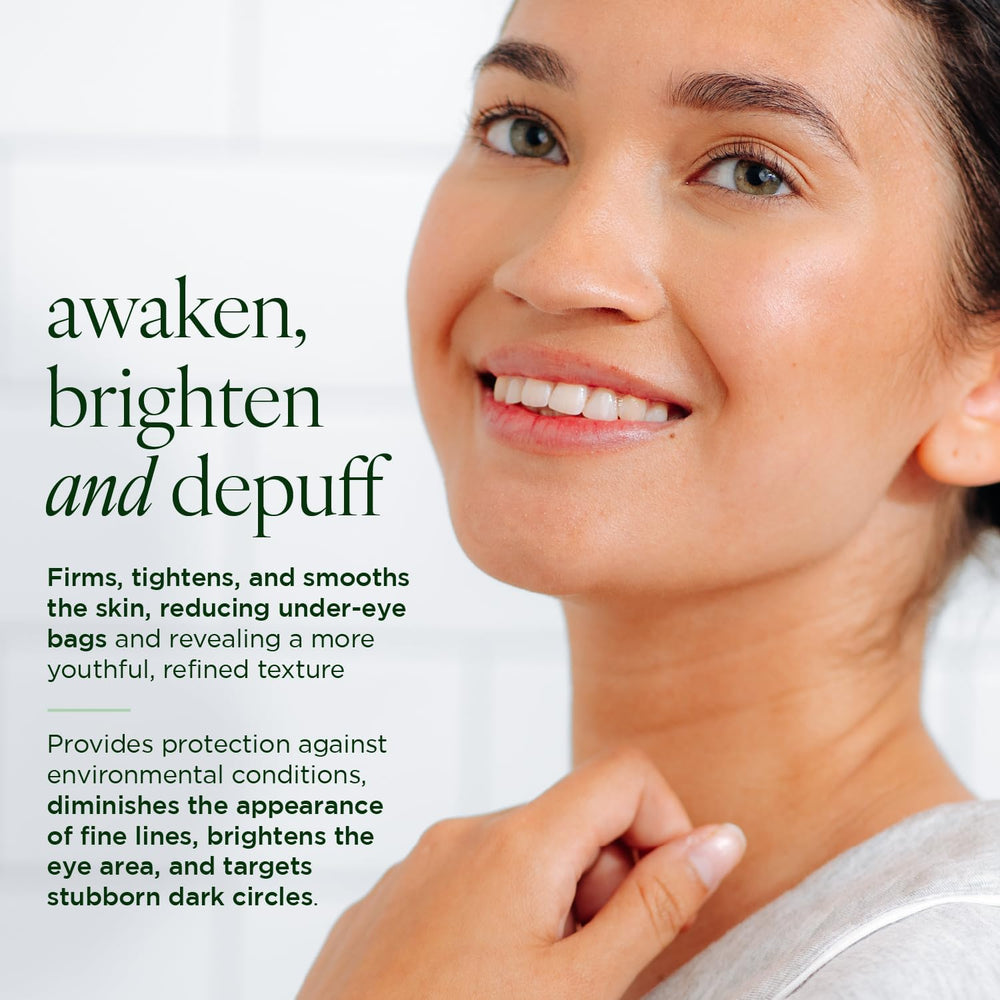Tree of Life Caffeine Eye Serum ingredients close-up with hyaluronic acid and peptides for plump under-eye skin