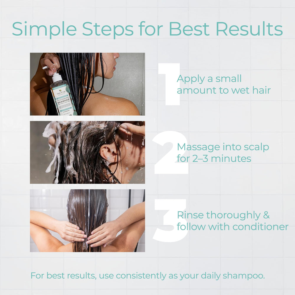 Tree to Tub Biotin Fine Hair Thickening Shampoo bottle on sink suggests a daily routine