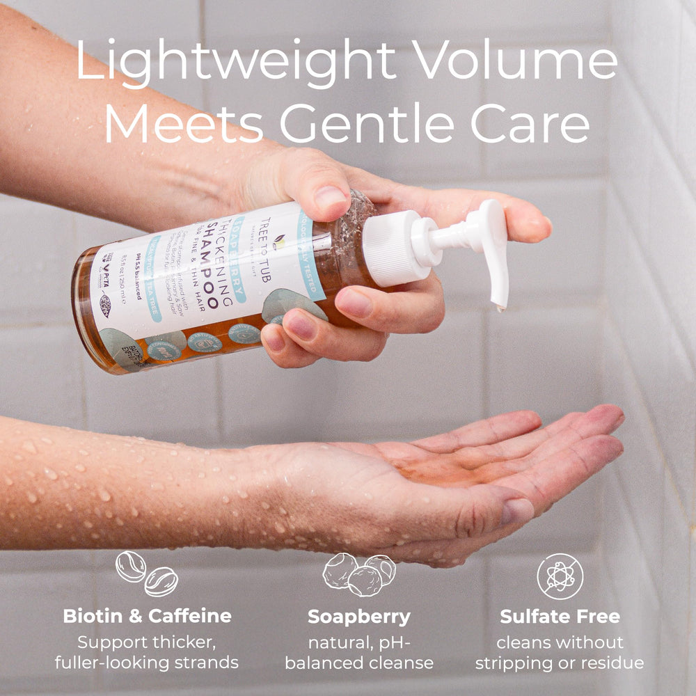 Tree to Tub Biotin Fine Hair Thickening Shampoo lather shows gentle cleansing for thin strands