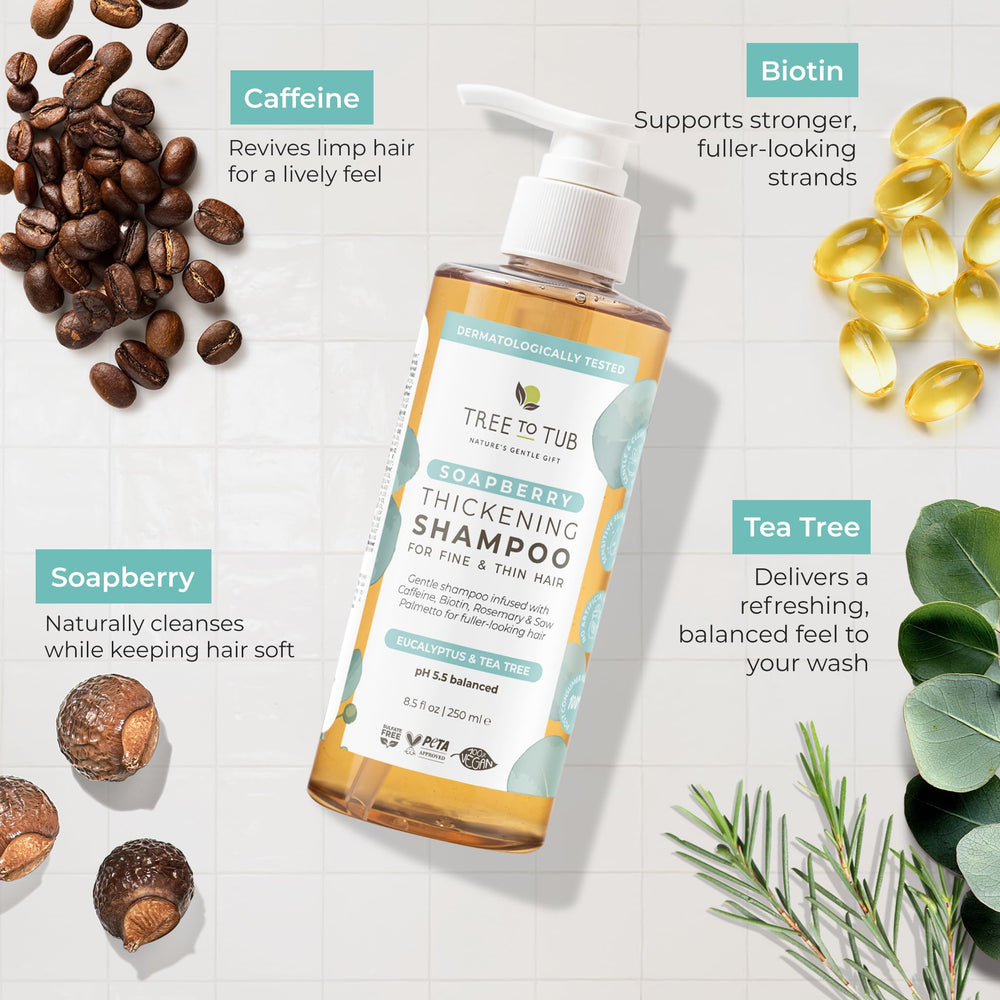 Tree to Tub Biotin Fine Hair Thickening Shampoo texture highlights soothing aloe and tea tree notes