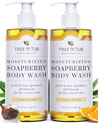 Tree to Tub Citrus Body Wash bottle close-up highlighting hydrating formula for dry skin