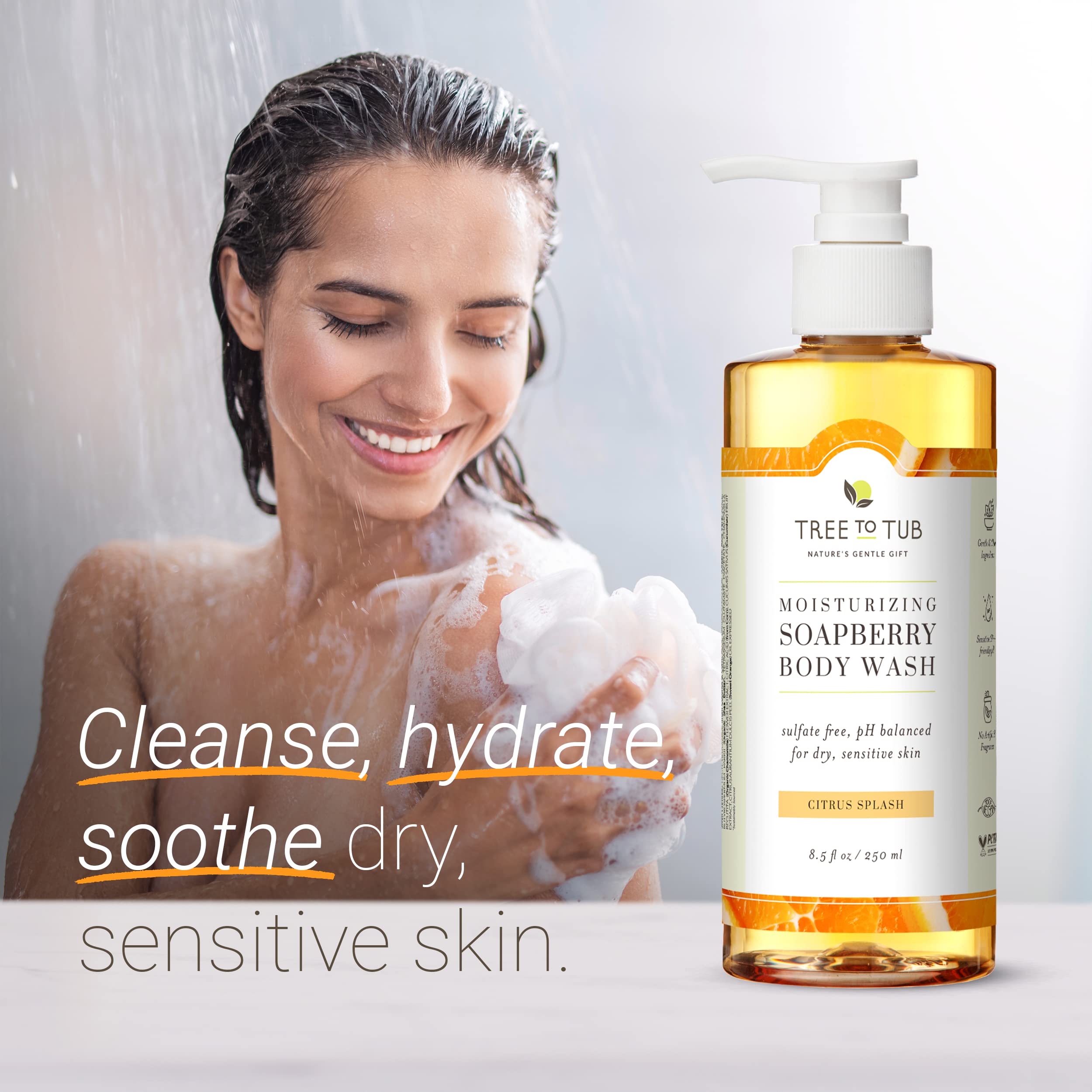 Tree to Tub Citrus Body Wash label highlights pH balanced, sulfate-free formula