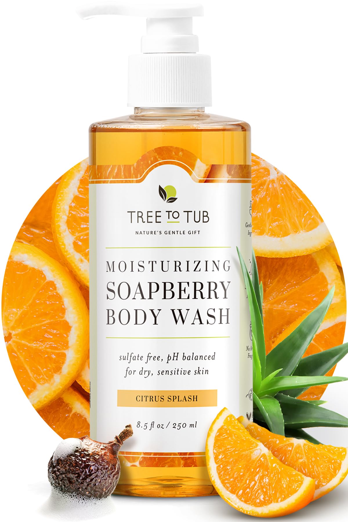 Tree to Tub Citrus Body Wash pump bottle emphasizes easy, hydrating cleanse for dry skin.