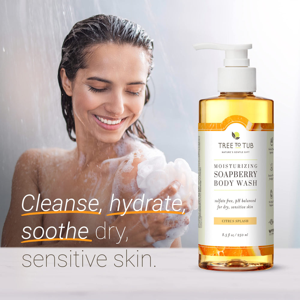 Tree to Tub Citrus Body Wash pump dispensing scene for easy daily use