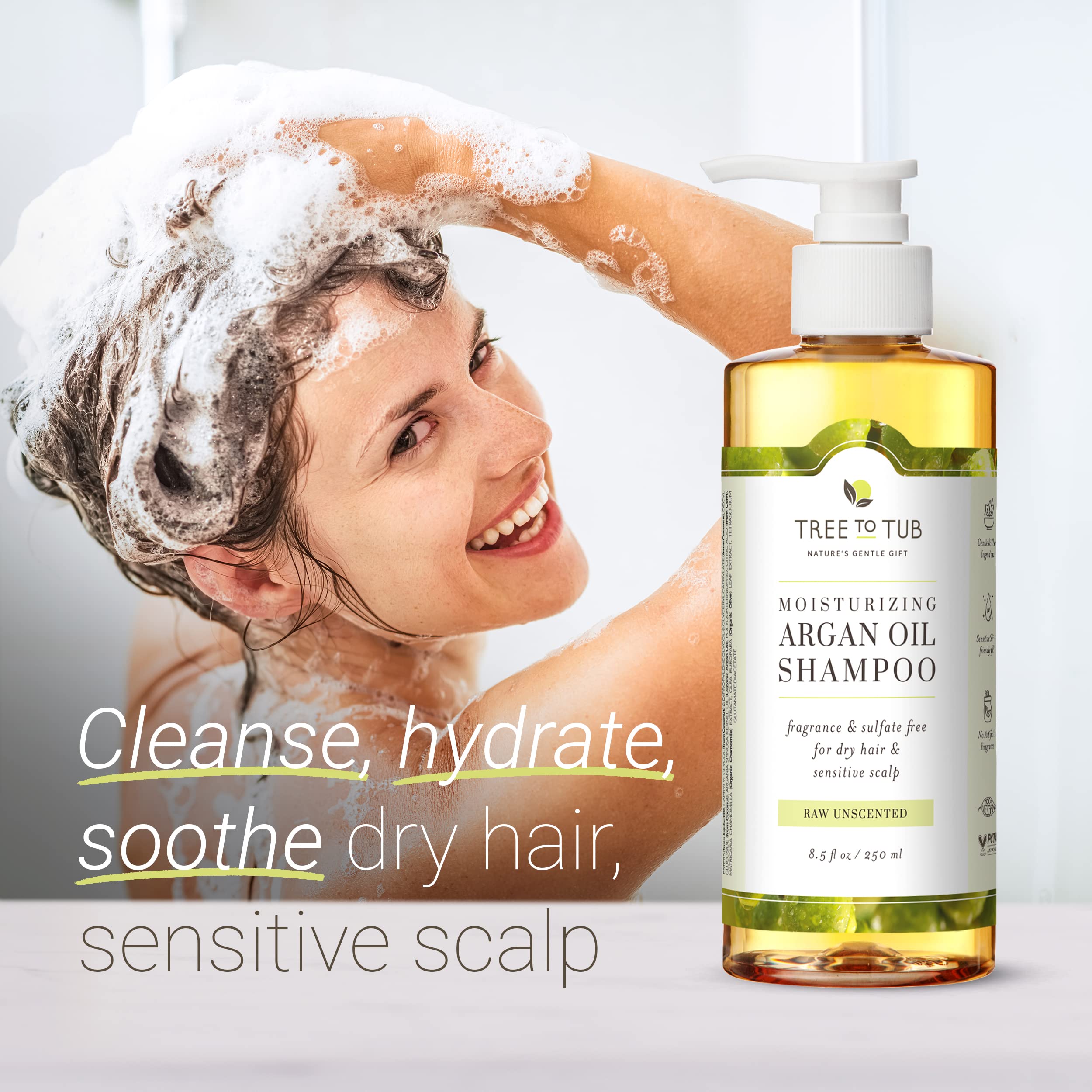 Tree to Tub fragrance free shampoo creamy lather showcases soothing, sulfate-free cleansing.