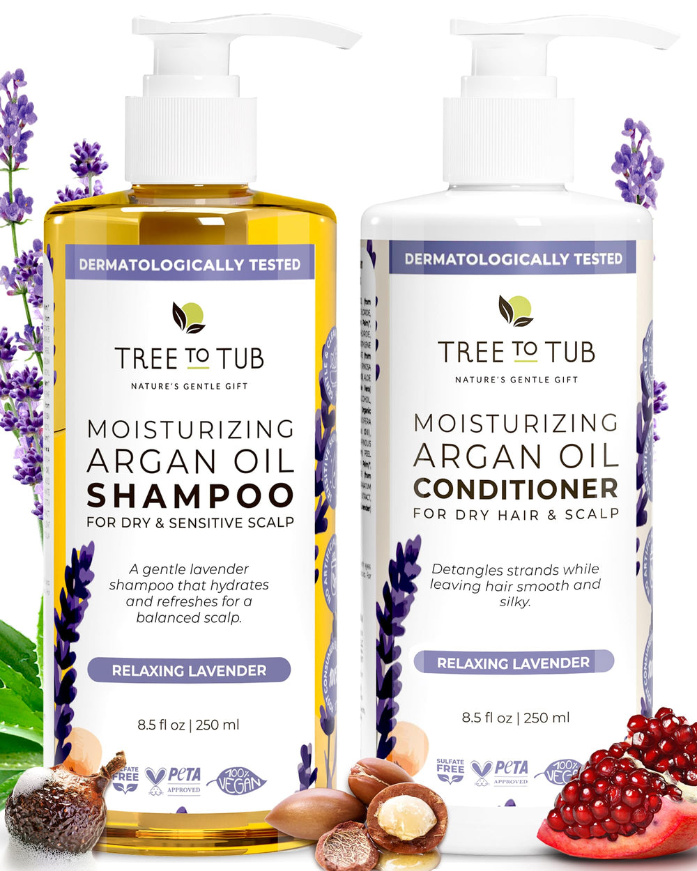 Tree to Tub Gentle Argan Oil Shampoo bottle highlights sulfate-free cleansing for sensitive scalps.