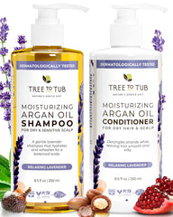 Tree to Tub Gentle Argan Oil Shampoo bottle highlights sulfate-free cleansing for sensitive scalps.