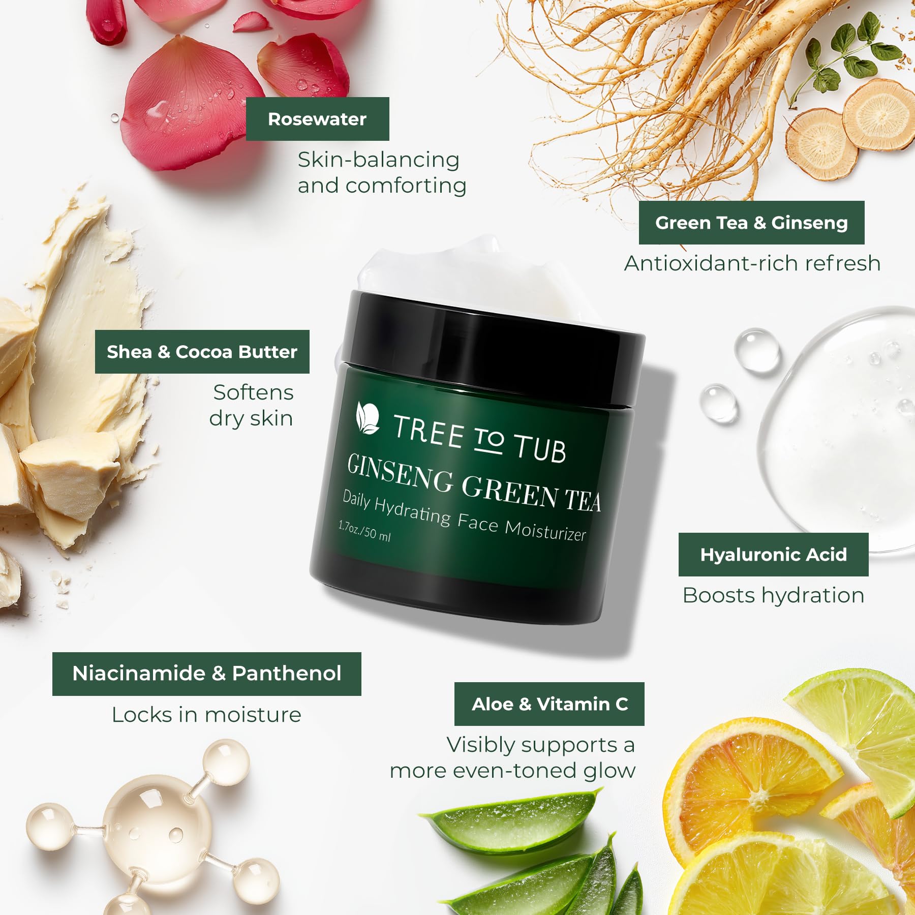 Tree to Tub Hydrating Face Moisturizer green-tea close-up emphasizes antioxidant support for calm skin.