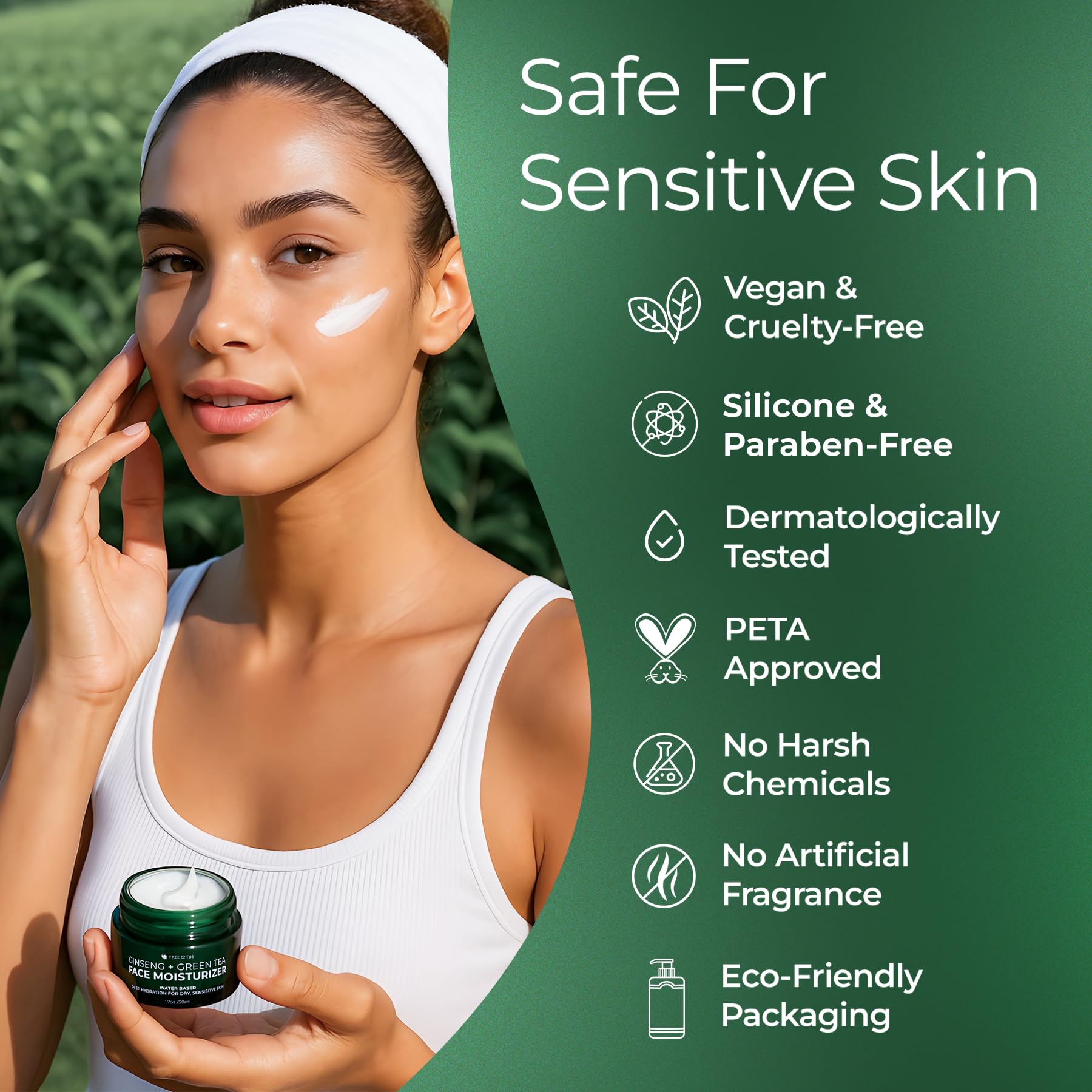 Tree to Tub Hydrating Face Moisturizer hand-application shows non-greasy finish for all-day wear.