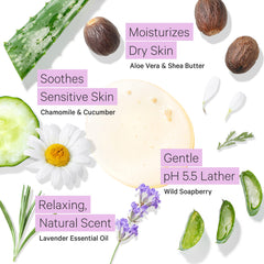 Tree to Tub Lavender Body Wash aloe vera and cucumber calm sensitive skin.