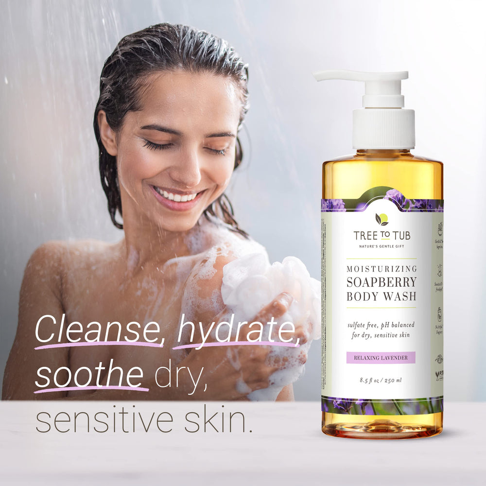 Tree to Tub Lavender Body Wash with shea butter emphasizes deep moisturization.