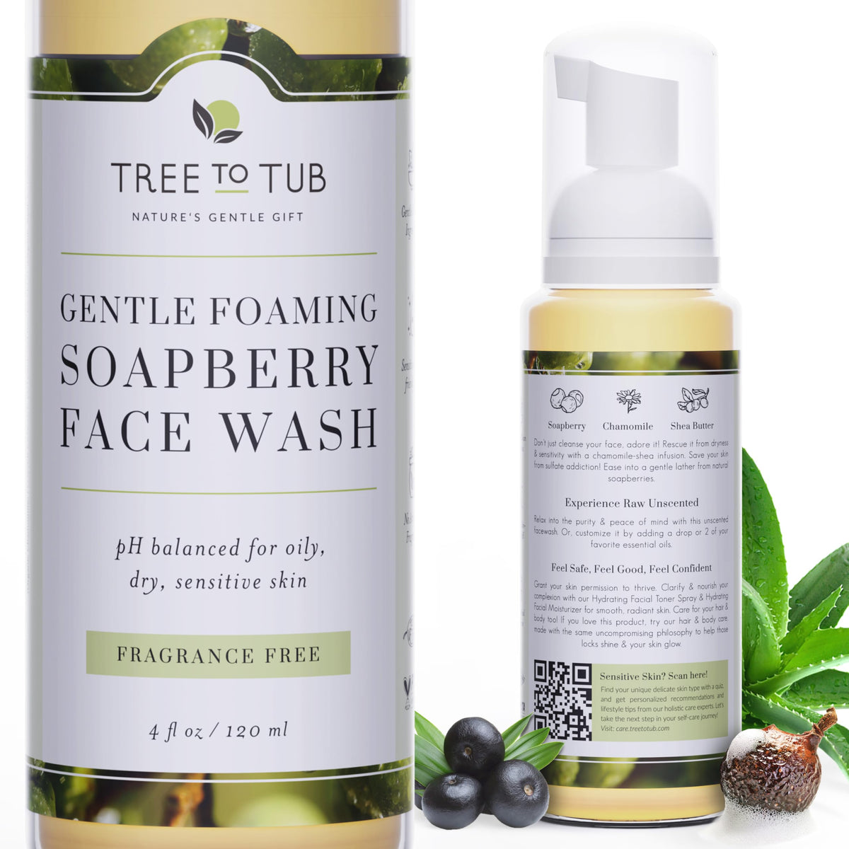 Tree to Tub Sensitive Skin Face Wash bottle shows fragrance-free cleansing for dry skin
