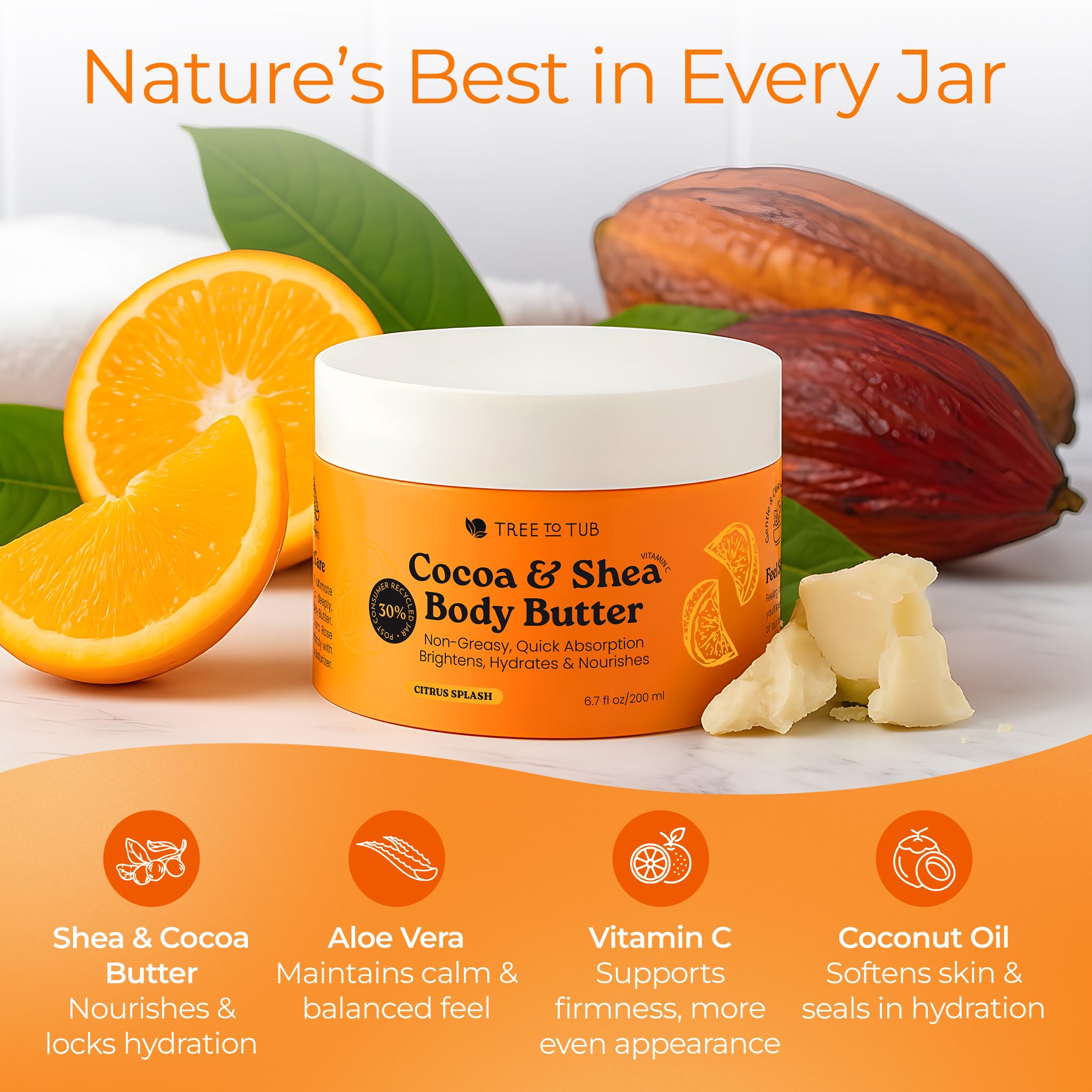 Tree to Tub Shea Body Butter cocoa butter-rich cream texture closeup.
