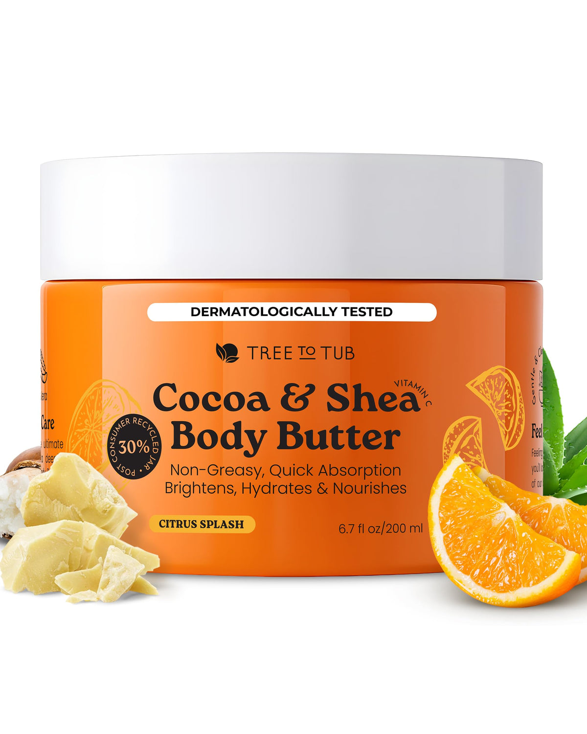 Tree to Tub Shea Body Butter jar closeup highlighting rich moisture for dry skin.