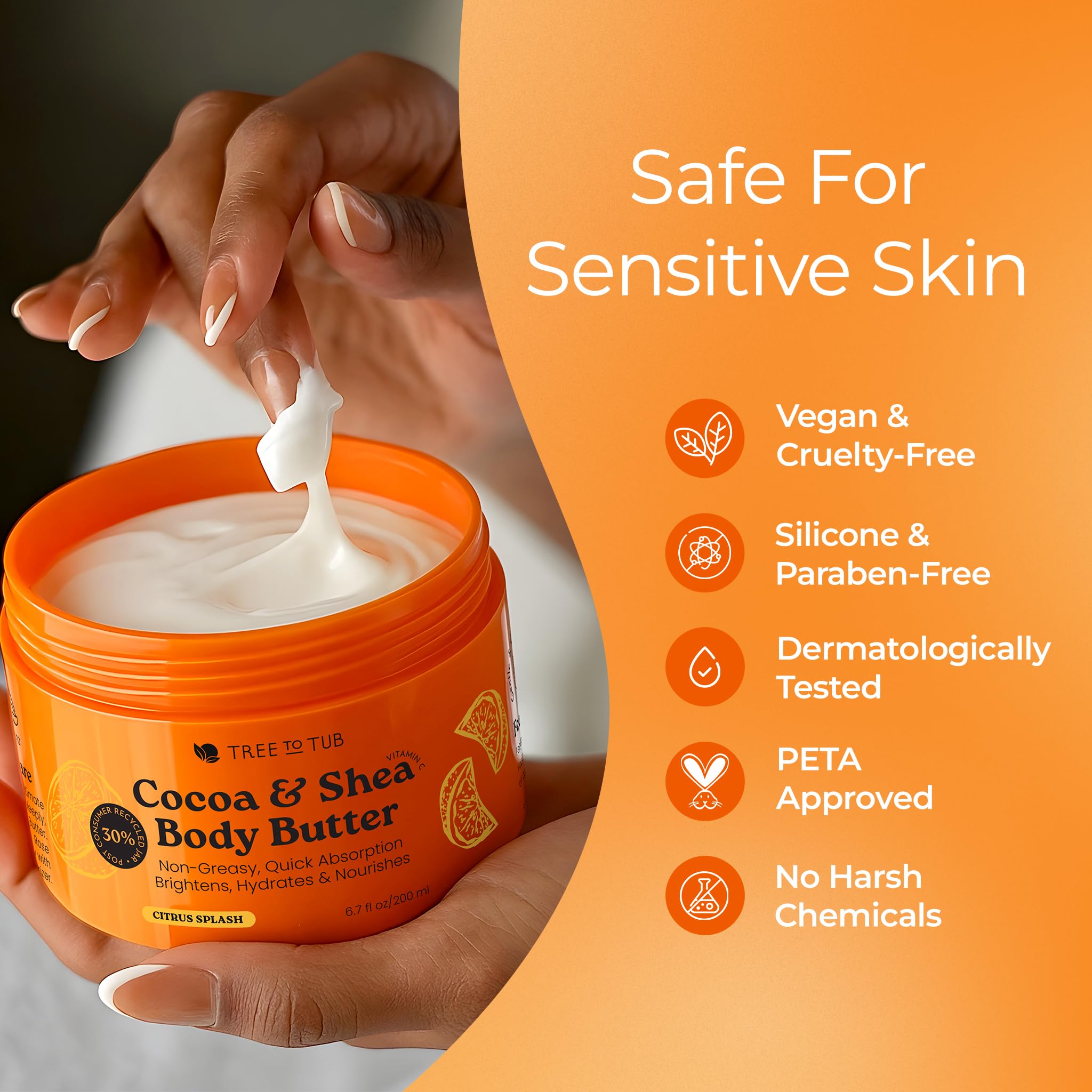 Tree to Tub Shea Body Butter vegan moisturizing formula in use.
