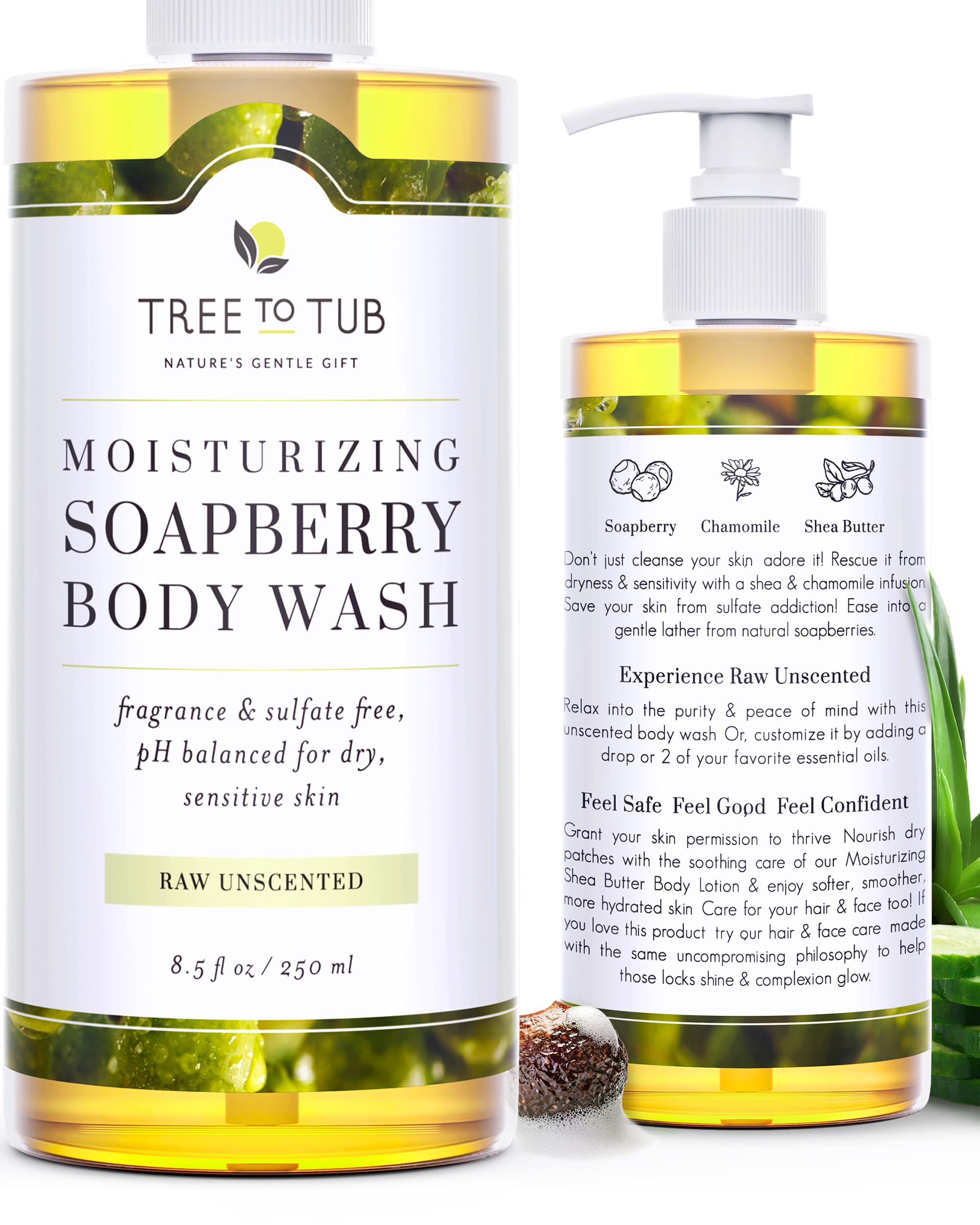 Tree to Tub unscented body wash bottle front highlights fragrance-free hydration for sensitive skin