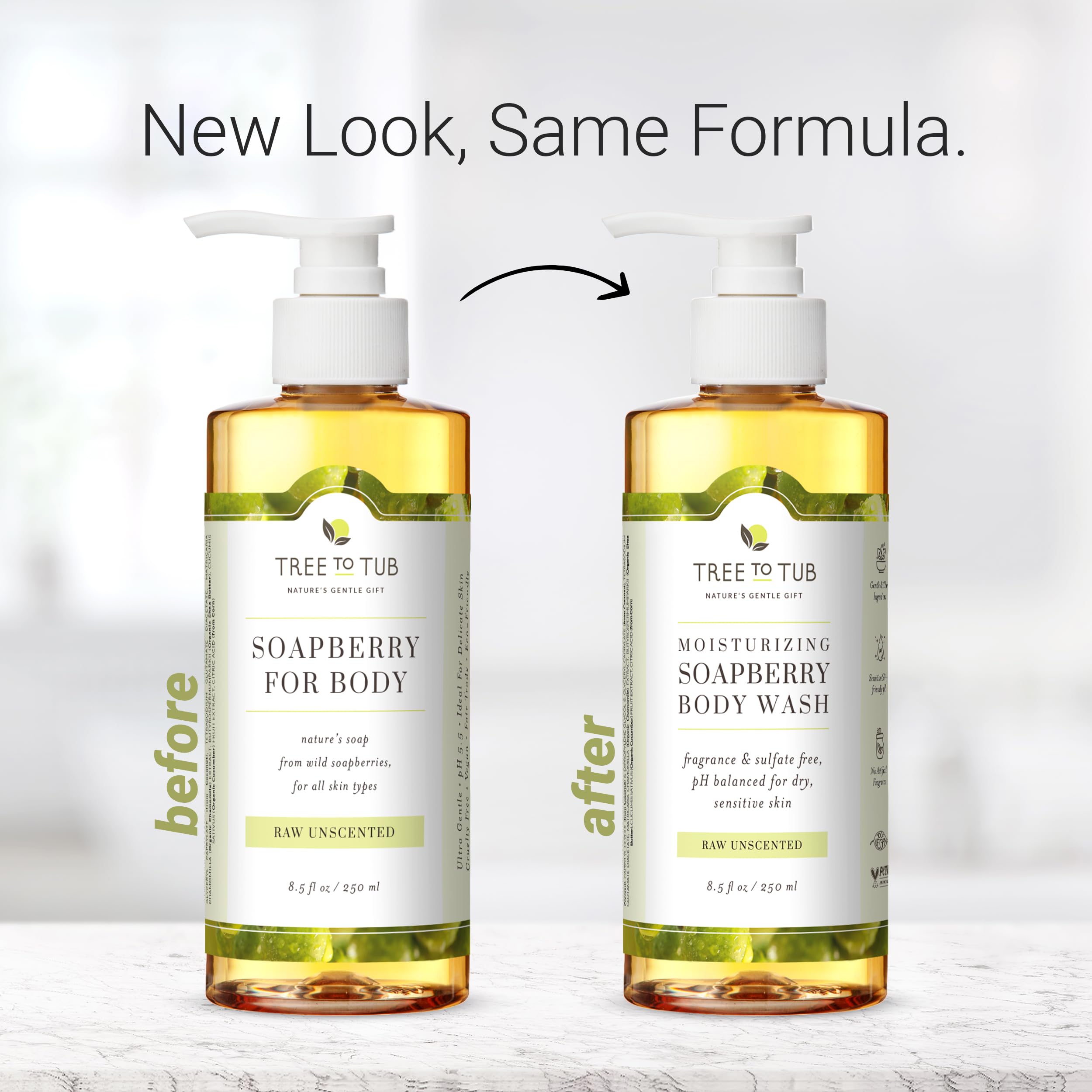 Tree to Tub unscented body wash label closeup emphasizes clean, gentle cleansing