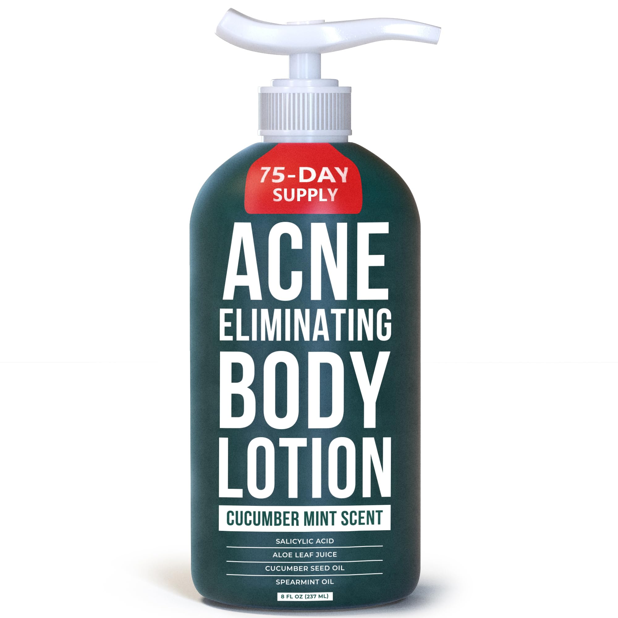 TreeActiv Acne Eliminating Body Lotion label highlights cucumber-mint scent for refreshing cleanse.