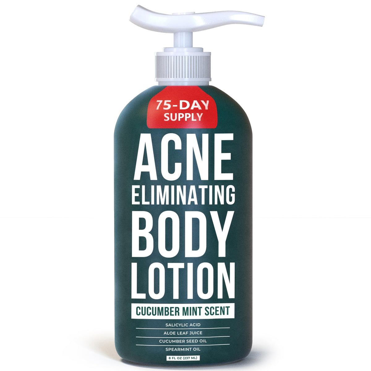 TreeActiv Acne Eliminating Body Lotion label highlights cucumber-mint scent for refreshing cleanse.