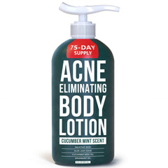 TreeActiv Acne Eliminating Body Lotion label highlights cucumber-mint scent for refreshing cleanse.