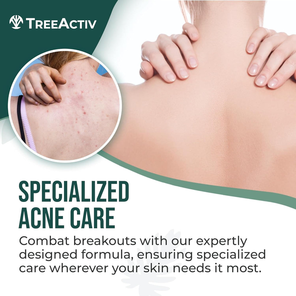 TreeActiv back acne spray application shows targeted mist for hard-to-reach areas.