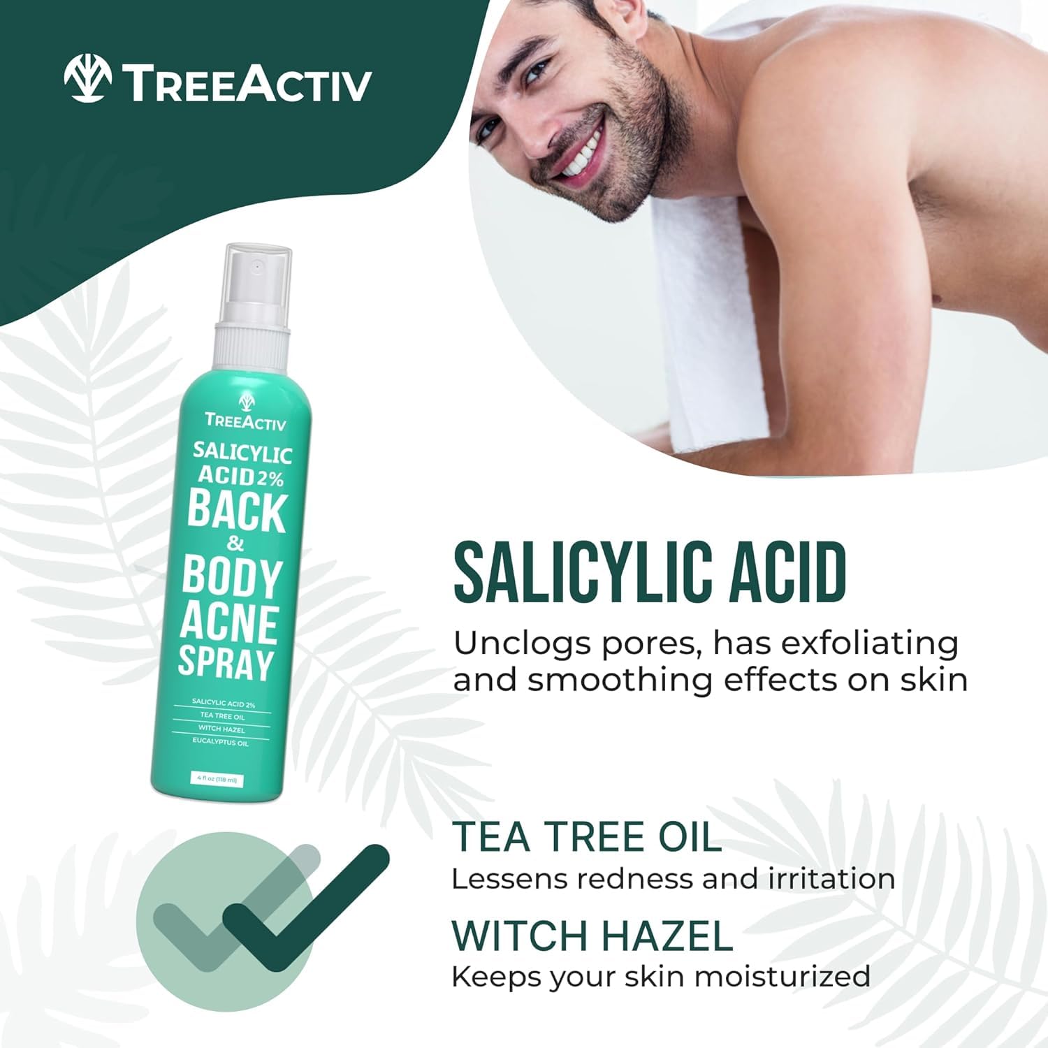 TreeActiv body acne mist suitable for chest, shoulders, and other prone areas.