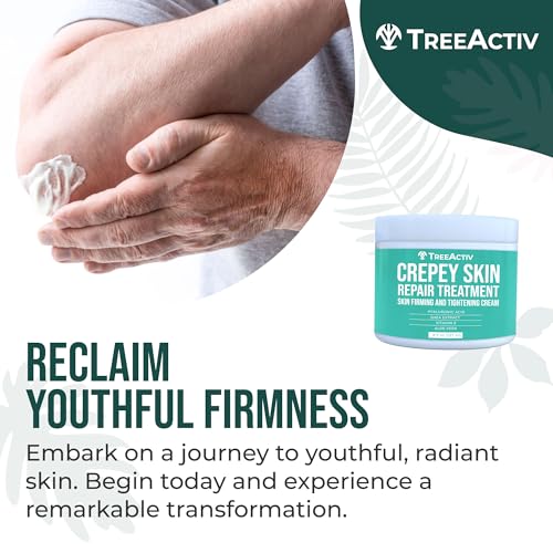 TreeActiv Crepey Skin Repair Cream bottle closeup—hyaluronic acid for moisture retention.