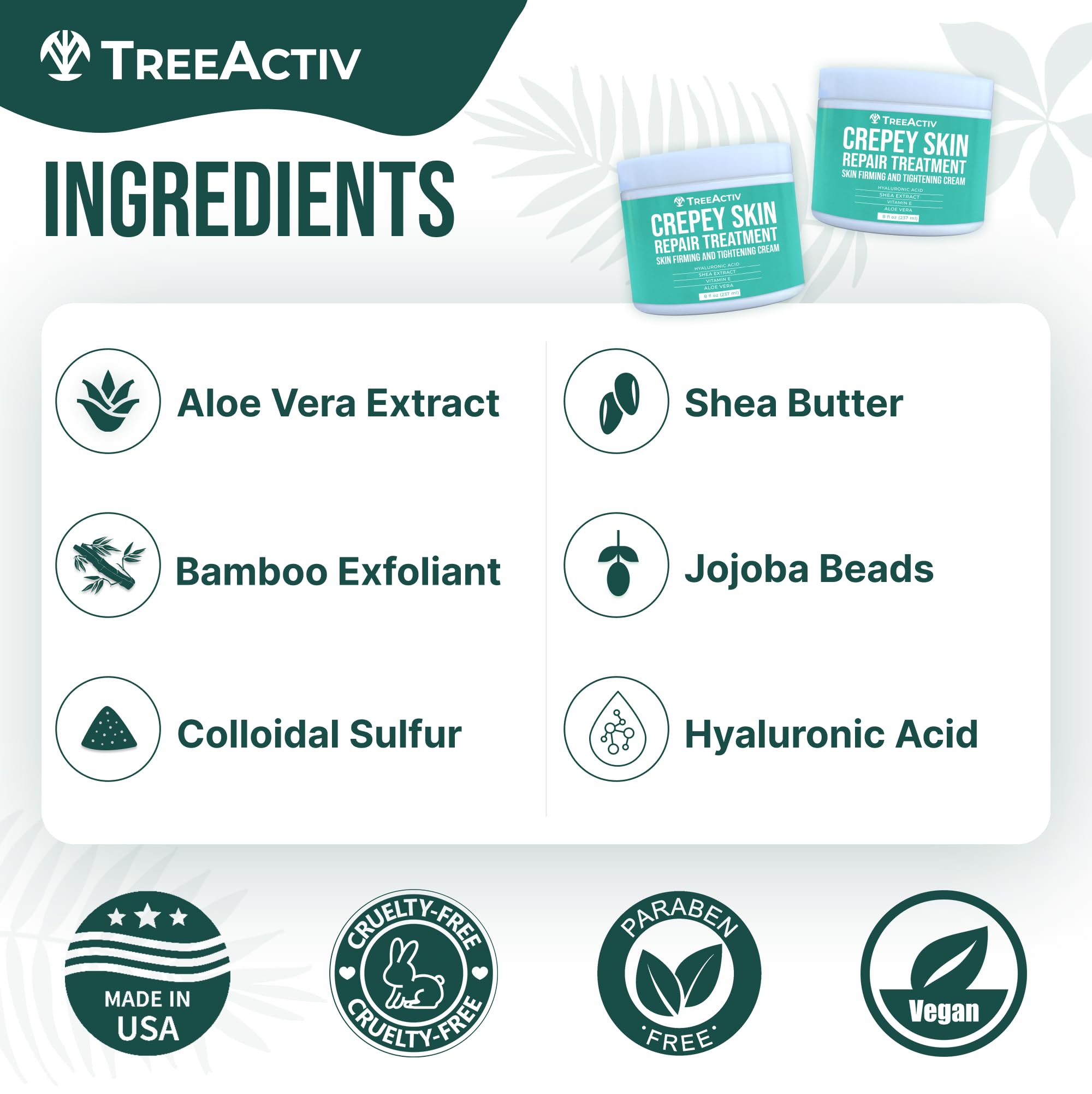 TreeActiv Crepey Skin Repair Cream hyaluronic-graphic—moisture-boosting benefits.