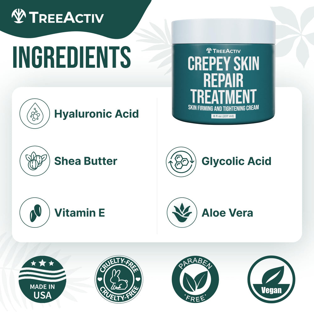 Ingredients focus on shea butter and hyaluronic acid in TreeActiv crepey cream