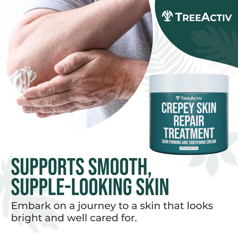 TreeActiv Crepey Skin Repair Cream packaging highlighting 8 oz jar and firming formula