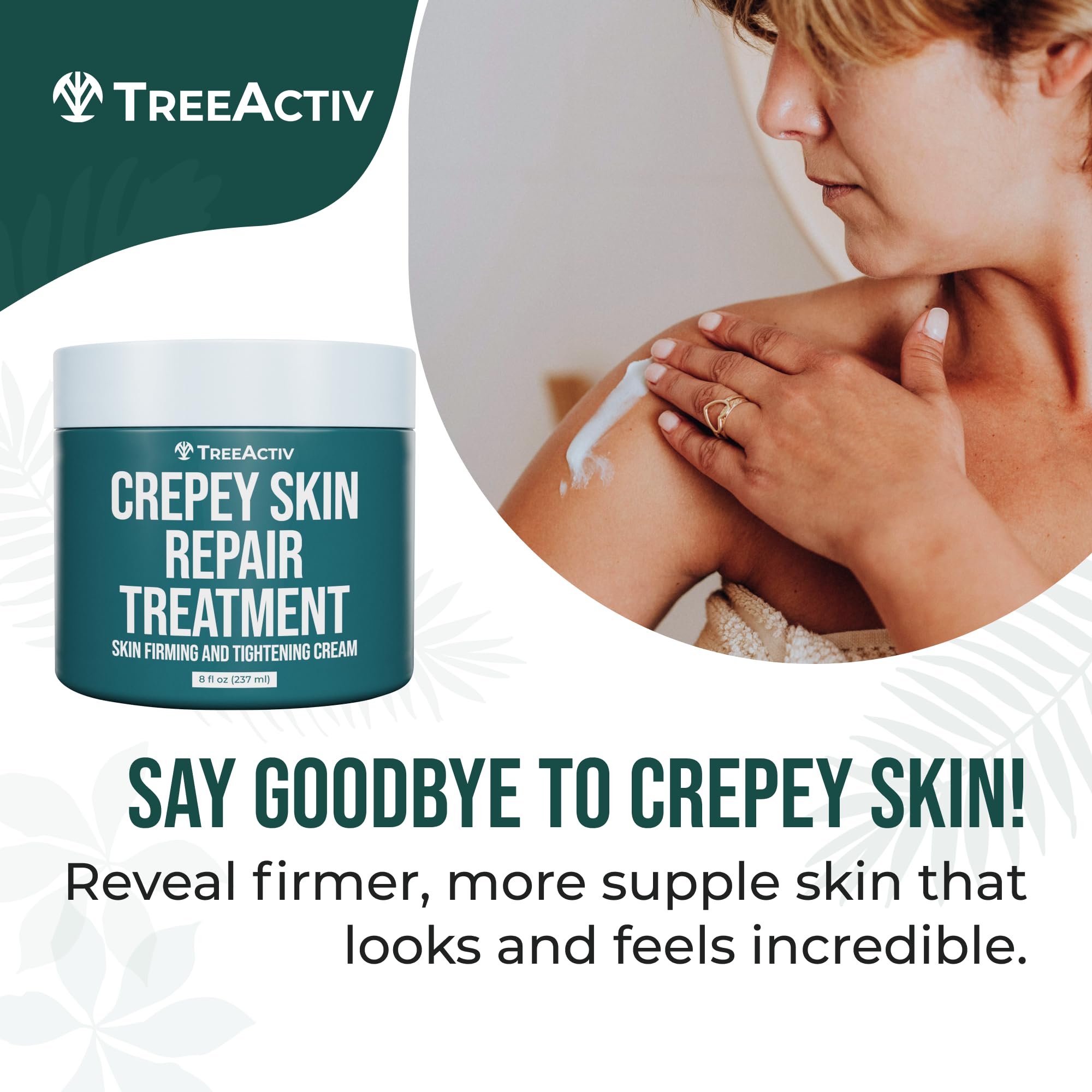 Close-up view of TreeActiv Crepey Skin Repair Cream texture showing rich hydration