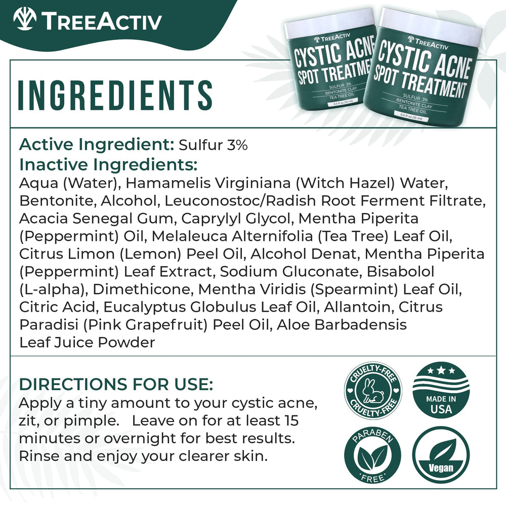 TreeActiv cystic acne spot treatment features tea tree oil for refreshing cleansing action.