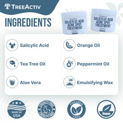 TreeActiv Invisible Acne Spot Cream label highlighting ingredients and uses.