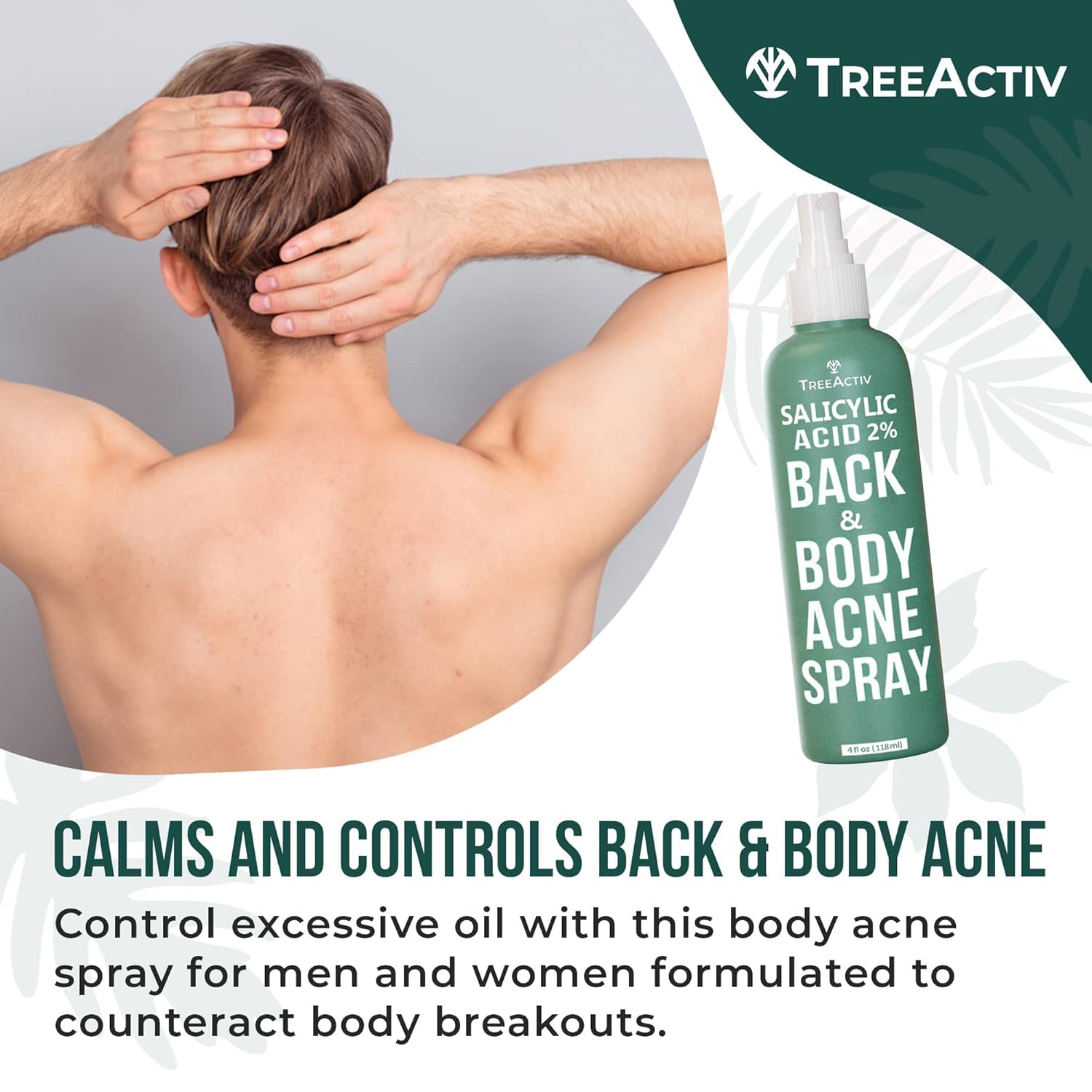 TreeActiv salicylic back-and-body spray targets acne-prone areas for daily freshness.