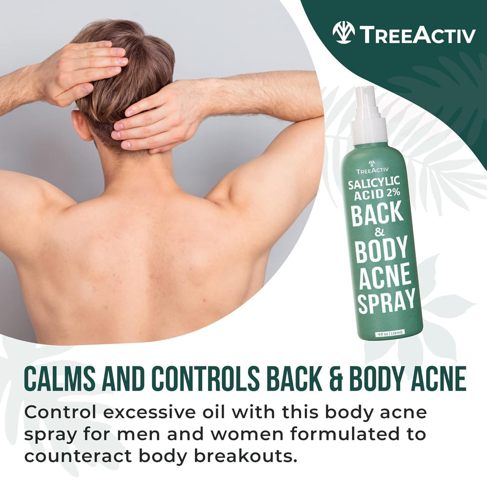 TreeActiv salicylic back-and-body spray targets acne-prone areas for daily freshness.