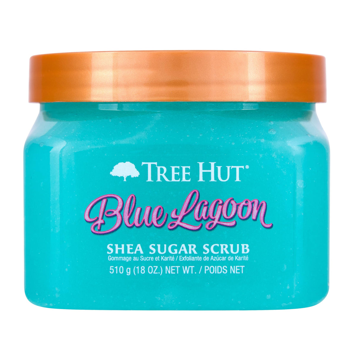 Tree Hut Blue Lagoon Sugar Scrub bottle offers exfoliation and hydration for smoother skin.