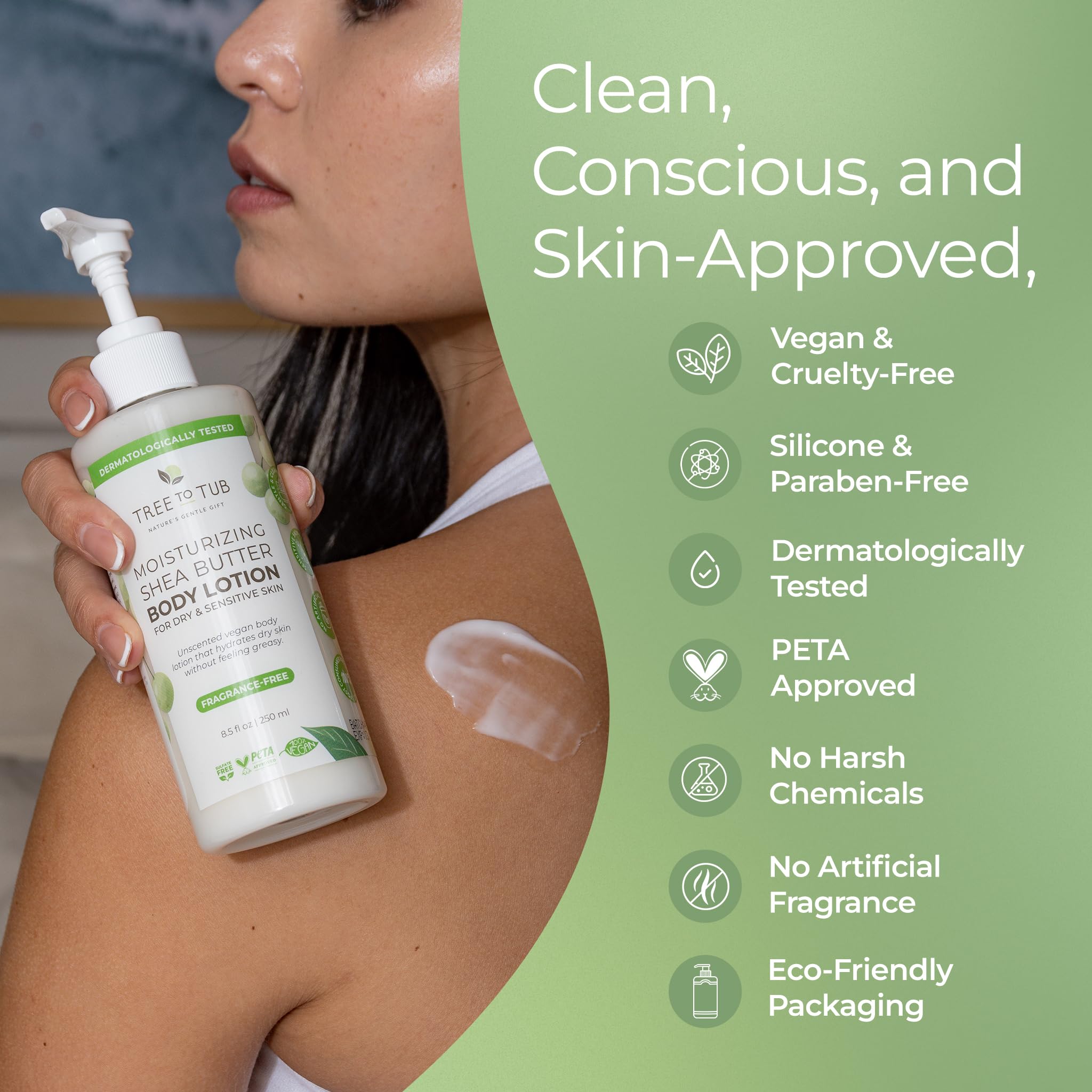 Tree to Tub Sensitive Skin Application Shot demonstrates gentle daily use.