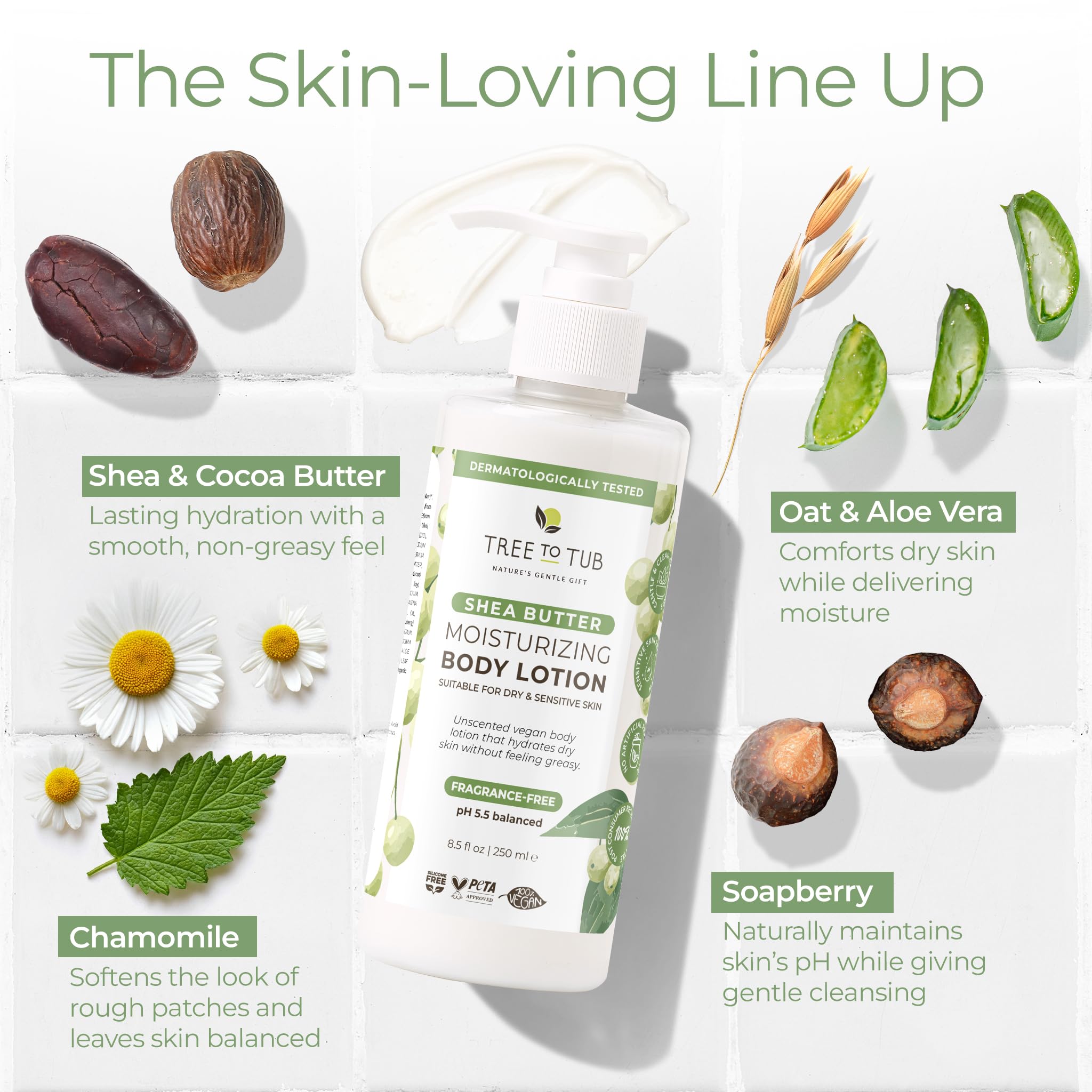 Tree to Tub Ingredients Aloe Oatmeal Cocoa Butter Chamomile closeup emphasizes soothing botanicals.