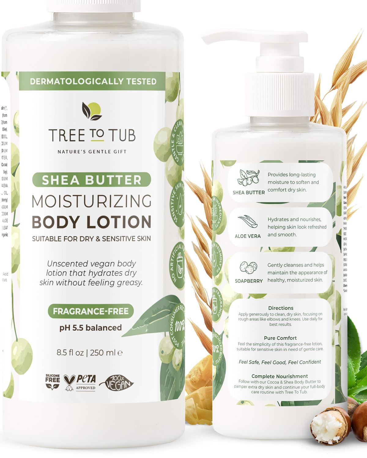 Tree to Tub Unscented Shea Butter Bottle demonstrates fragrance-free hydration for dry skin.