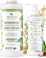 Tree to Tub Unscented Shea Butter Bottle demonstrates fragrance-free hydration for dry skin.